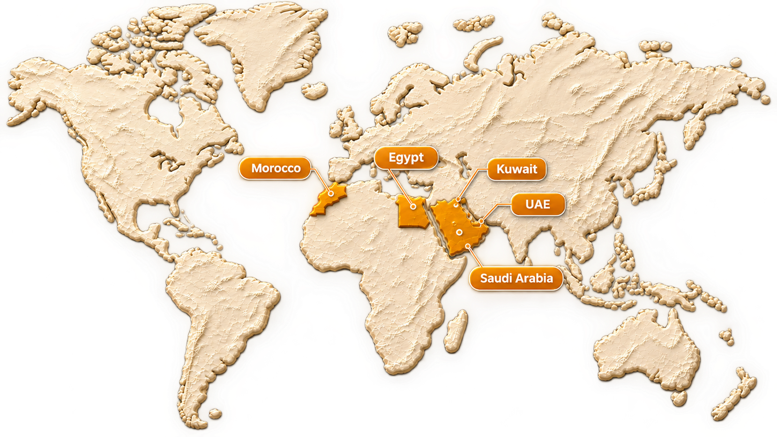 Global presence map showing Morocco, Saudi Arabia, United Arab Emirates and Kuwait